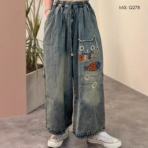 Quần baggy denim lưng thun thêu chú mèo và con cá - Q278