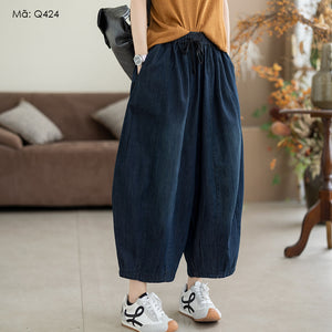 Quần baggy denim lửng dáng rộng dây rút - Q424