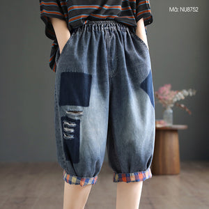 Quần baggy lửng denim lưng thun phai màu ô vuông - NU8752