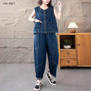 Bộ đồ denim gồm áo sơ mi sát nách và quần baggy - B031