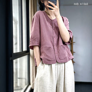 Áo sơ mi ngắn tay retro cổ tròn - A1565