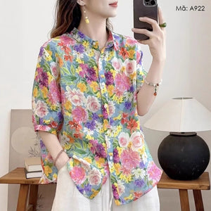 Áo sơ mi ngắn tay cổ đức in hoa lá graffiti - A922