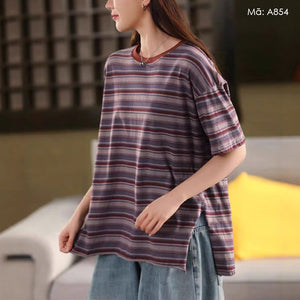 Áo T-shirt ngắn tay cổ tròn kẻ sọc vạt xẻ - A854