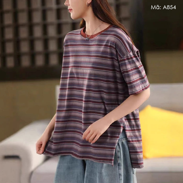 Áo T-shirt ngắn tay cổ tròn kẻ sọc vạt xẻ - A854