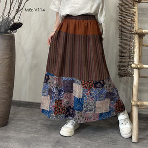 Chân váy linen retro lưng thun phối hoa văn kẻ sọc và thổ cẩm - V114