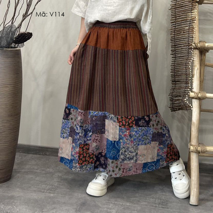 Chân váy linen retro lưng thun phối hoa văn kẻ sọc và thổ cẩm - V114