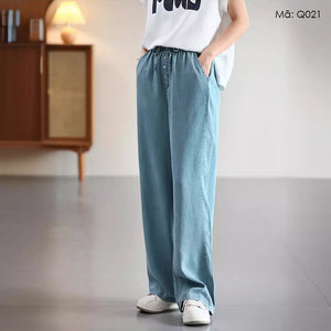 Quần baggy denim lưng thun dây rút ống đứng khuy cài - Q021