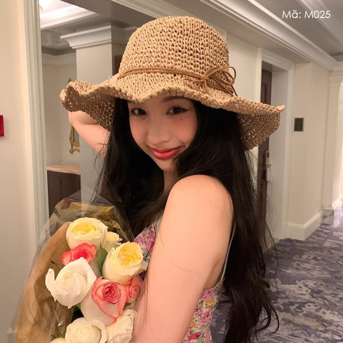 Mũ cói móc tay retro vành rộng gấp gọn - M025