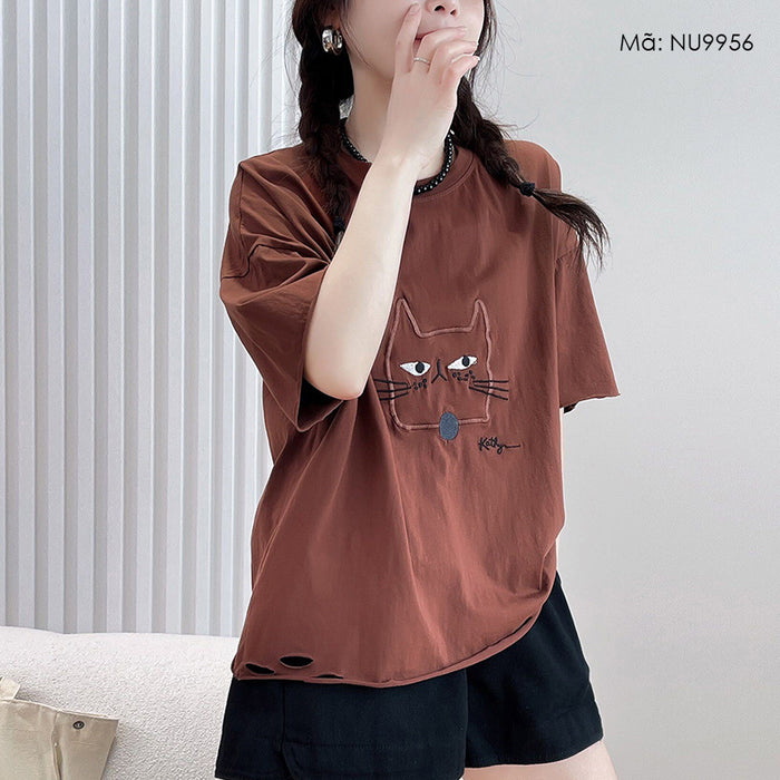 Áo T-shirt ngắn tay mặt mèo cổ tròn - NU9956