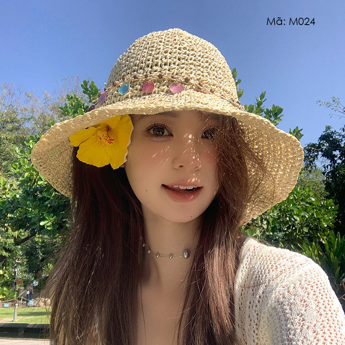 Mũ cói móc tay retro vành rộng kết chuỗi vòng - M024