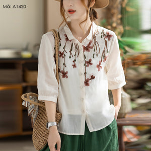 Áo sơ mi linen tay lửng thêu hoa - A1420