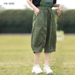 Quần baggy linen lửng lưng thun dây rút túi vuông - Q020