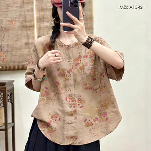 Áo sơ mi linen ngắn tay in hoa liti - A1543