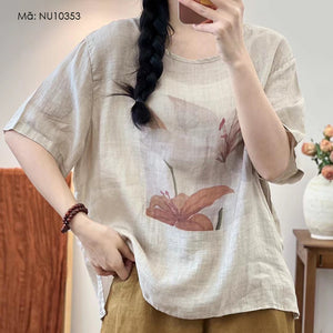 Áo T-shirt linen ngắn tay cổ tròn in hoa ly - NU10353
