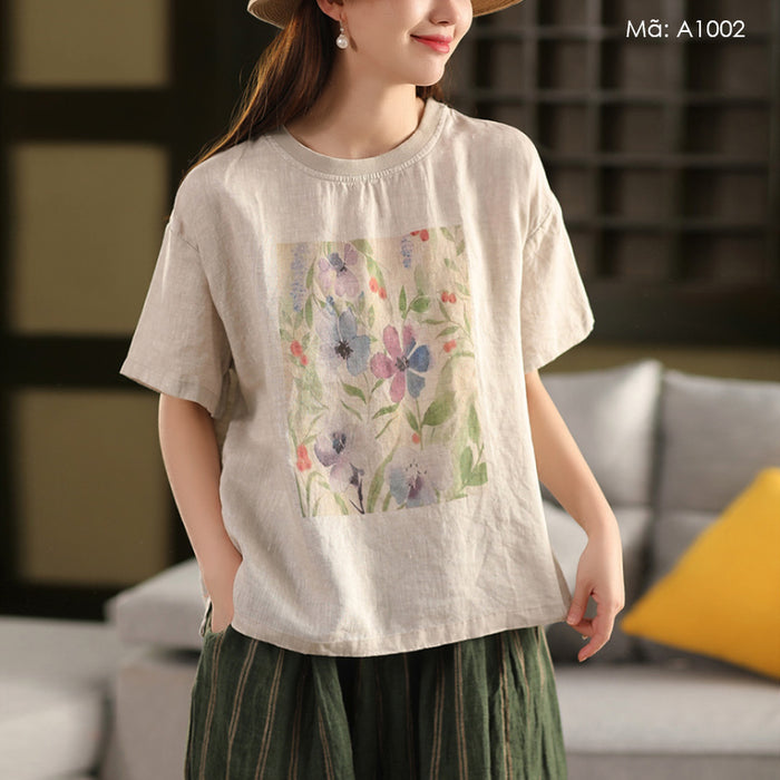 Áo T-shirt linen ngắn tay cổ tròn - A1002