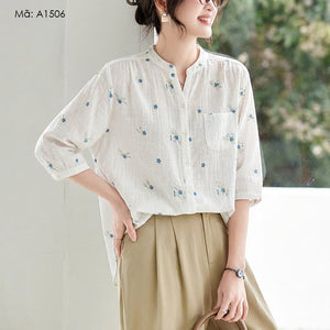 Áo sơ mi ngắn tay cổ đứng in hoa - A1506