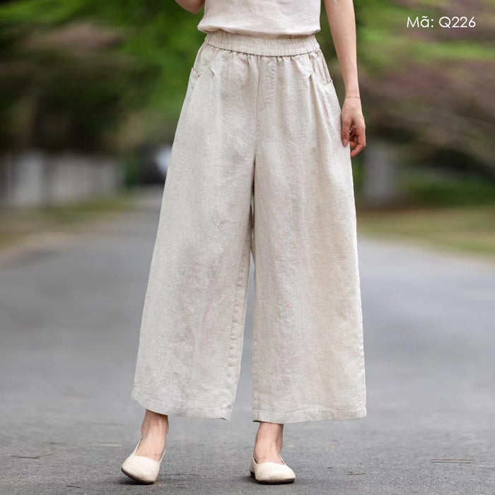 Quần baggy linen lưng thun ống rộng hai túi tròn - Q226