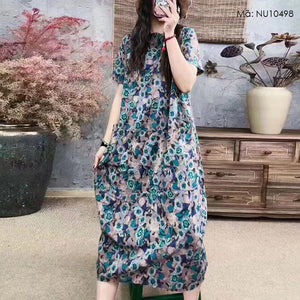 Đầm liền linen ngắn tay cổ tròn in retro hoa lá retro - NU10497