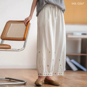 Quần baggy linen lưng thun ống rộng thêu hoa  - Q211