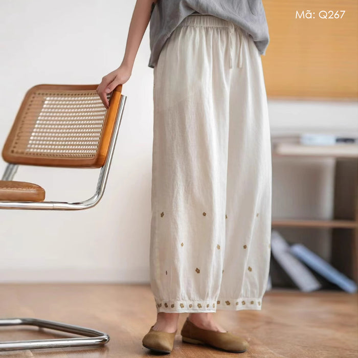 Quần baggy linen lưng thun ống rộng thêu hoa  - Q211