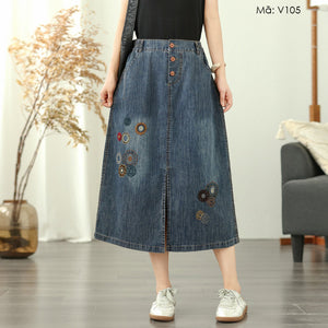 Chân váy denim lưng thun thêu những vòng tròn trừu tượng - V105