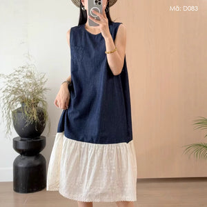 Đầm liền denim sát nách cổ tròn kiểu hai tầng - D083