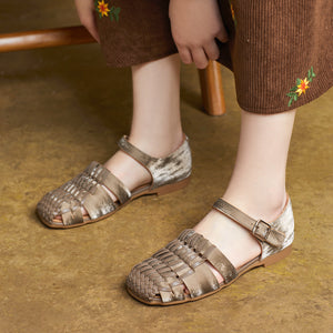 Giày da Sandal retro mũi tròn kiểu đan đế bệt - G101