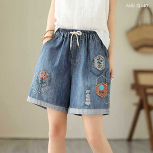 Quần sooc denim lưng thun thêu retro - Q440
