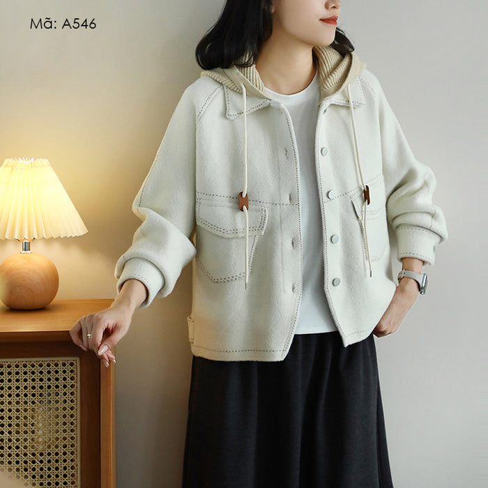 Áo khoác len cashmere dài tay có mũ len dệt kim - A546