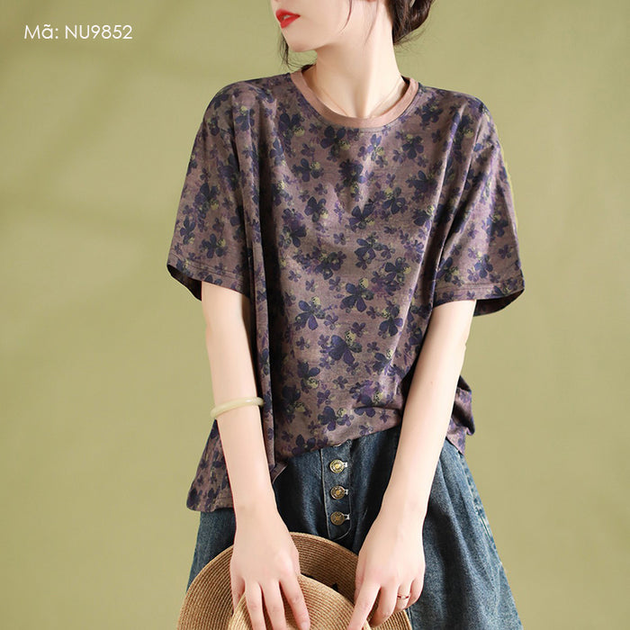 Áo T-shirt dệt kim ngắn tay cổ tròn in hoa lá - NU9852