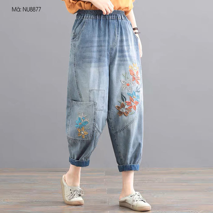 Quần baggy denim lưng thun thêu hoa lá hai túi kiểu - NU8877