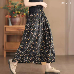 Chân váy linen retro lưng thun in hoa lá li ti hai lớp - V110