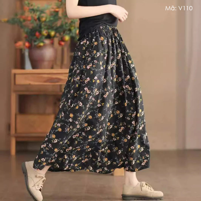 Chân váy linen retro lưng thun in hoa lá li ti hai lớp - V110