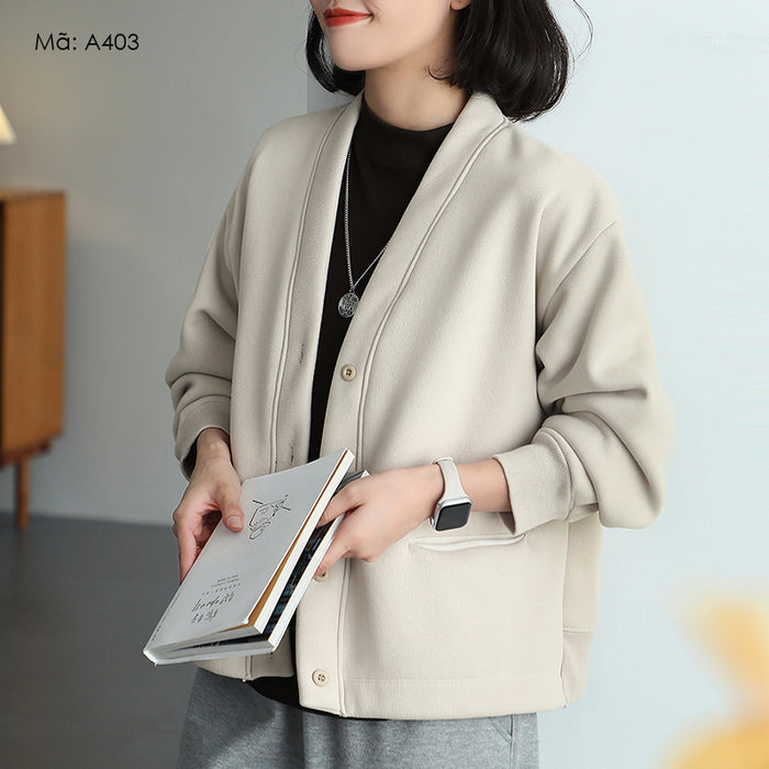 Áo khoác nhung cardigan dài tay cổ V hai túi - A403