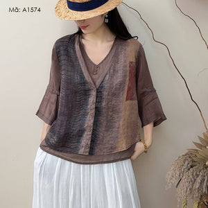 Áo sơ mi linen tay lửng kiểu hai lớp - A1574