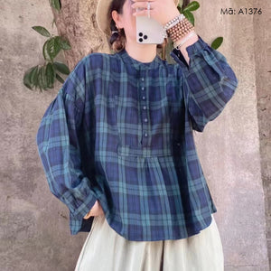 Áo sơ mi dài tay kẻ caro cổ tròn - A1376