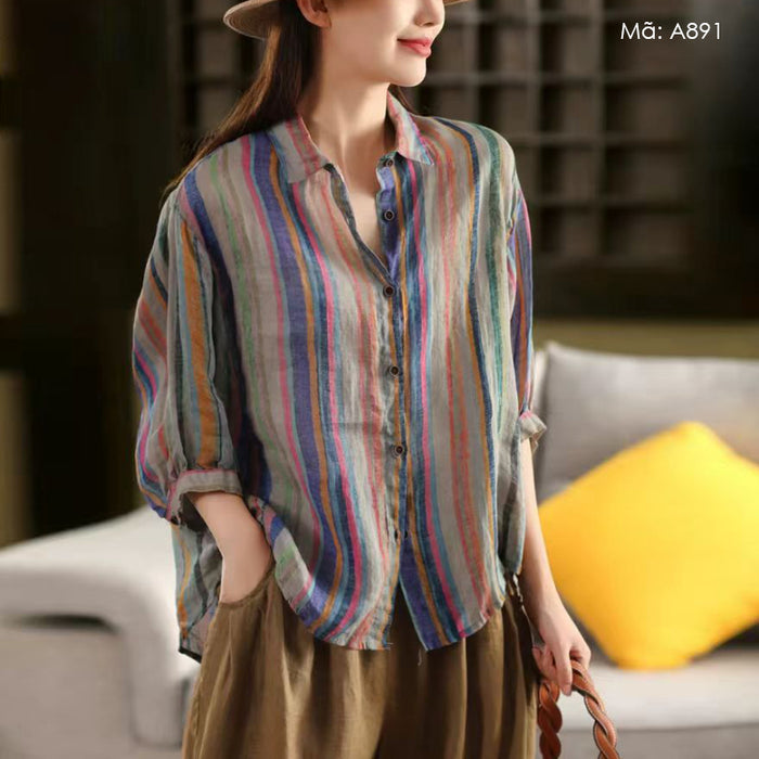 Áo sơ mi linen ngắn tay cổ đức kẻ sọc cầu vồng - A891