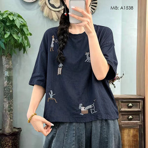 Áo T-shirt linen ngắn tay thêu retro - A1538