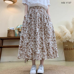Chân váy xòe in hoa lá - V137