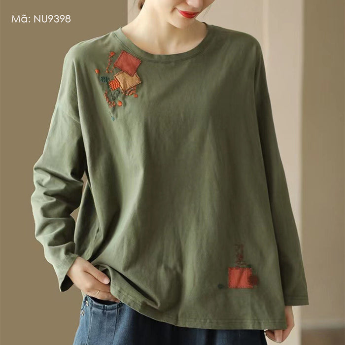 Áo T-shirt dài tay cổ tròn thêu túi tài lộc - NU9398