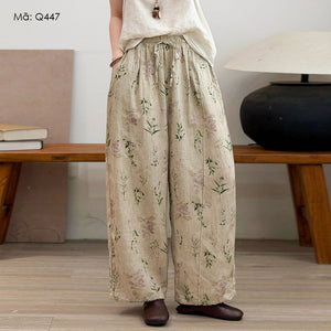 Quần baggy linen ống bo dây rút in hoa - Q447