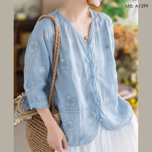 Áo sơ mi linen ngắn tay thêu hoa - A1399