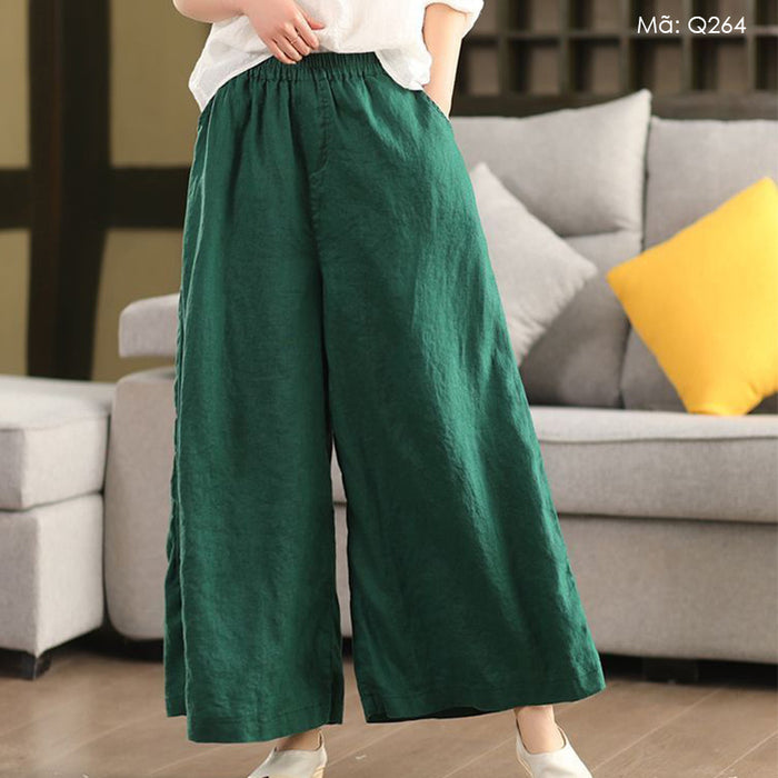 Quần baggy linen lưng thun ống rộng hai túi - Q264