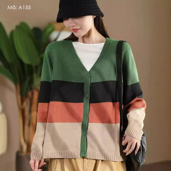 Áo khoác len cardigan dài tay cổ V sọc mảng màu - A155