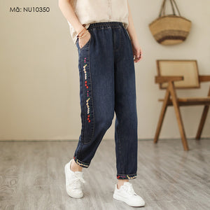 Quần baggy denim lưng thun ống côn thêu những dây hoa - NU10350