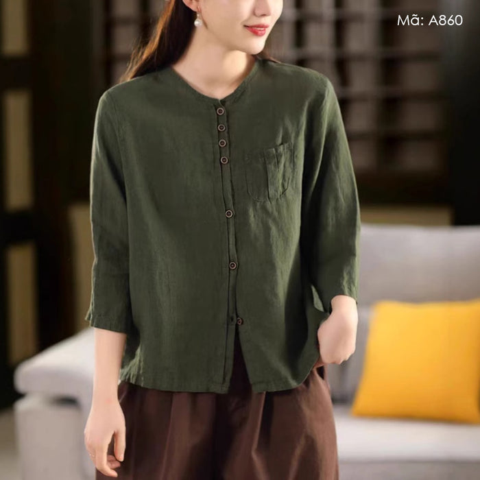 Áo sơ mi linen tay lửng cổ tròn một túi khuy kép - A802