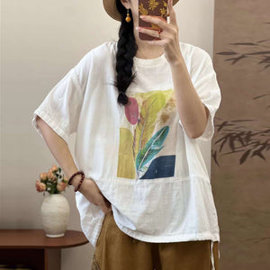 Áo T-shirt linen ngắn tay in lông vũ - A1364