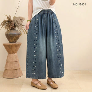 Quần baggy denim lửng thêu hoa - Q431