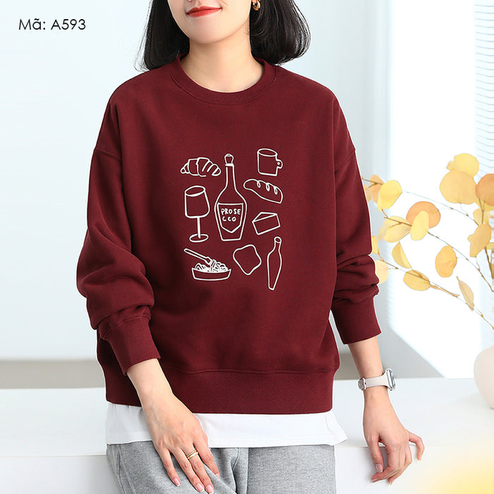 Áo T-shirt nỉ dài tay cổ tròn lót lông in hoa văn - A593