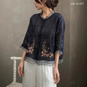 Áo sơ mi organza tay lửng thêu hoa - A1377